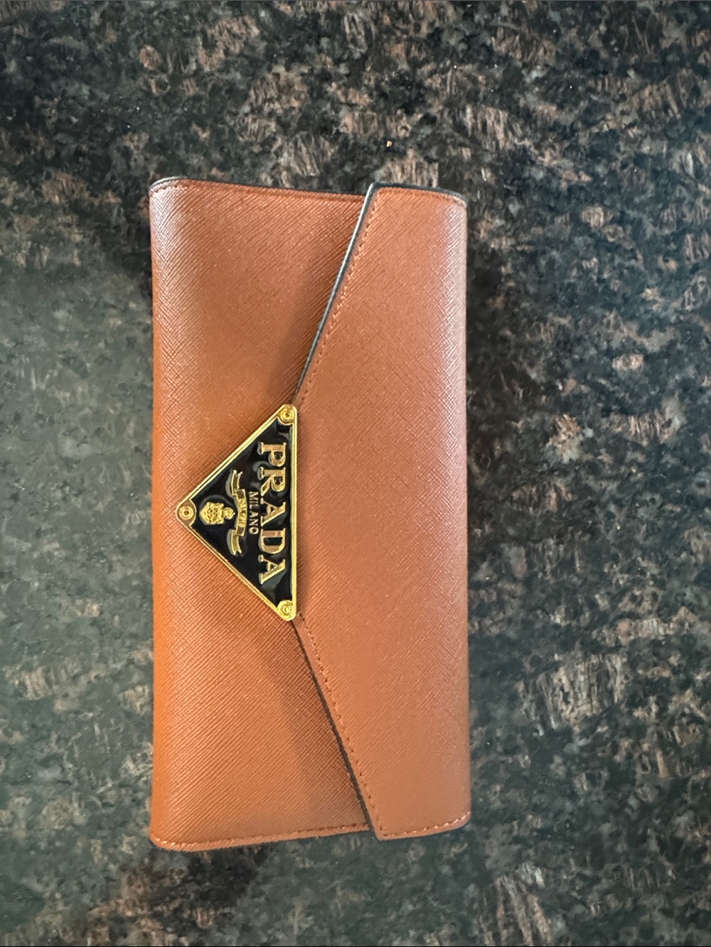Brown Saffiano Leather Envelope Wallet with Gold Plaque